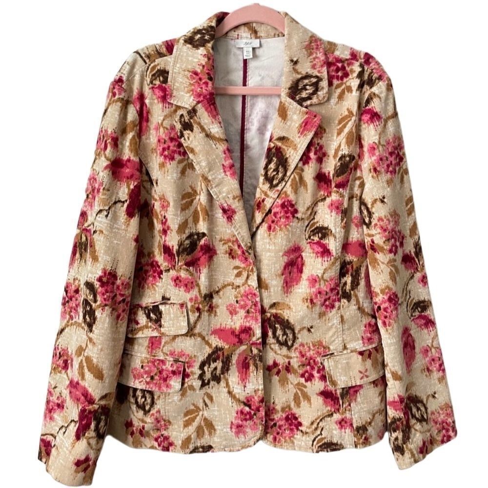 J. Jill- Women’s Corduroy Blazer Jacket Tan Brown Pink Watercolor Floral, Size L
